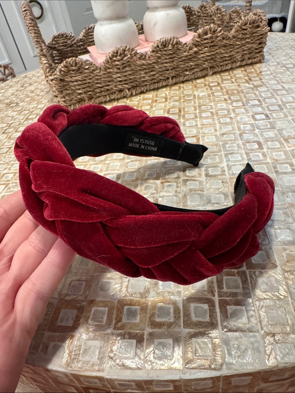 Braided Velvet Headband in Deep Red